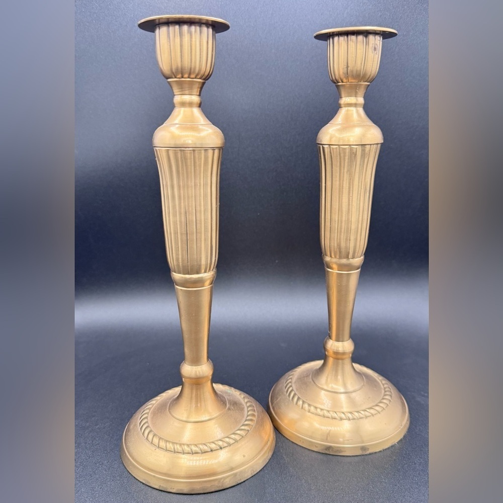 Vintage Solid Brass 13” Tall Candlestick Holders Mid-Century Neoclassical Style